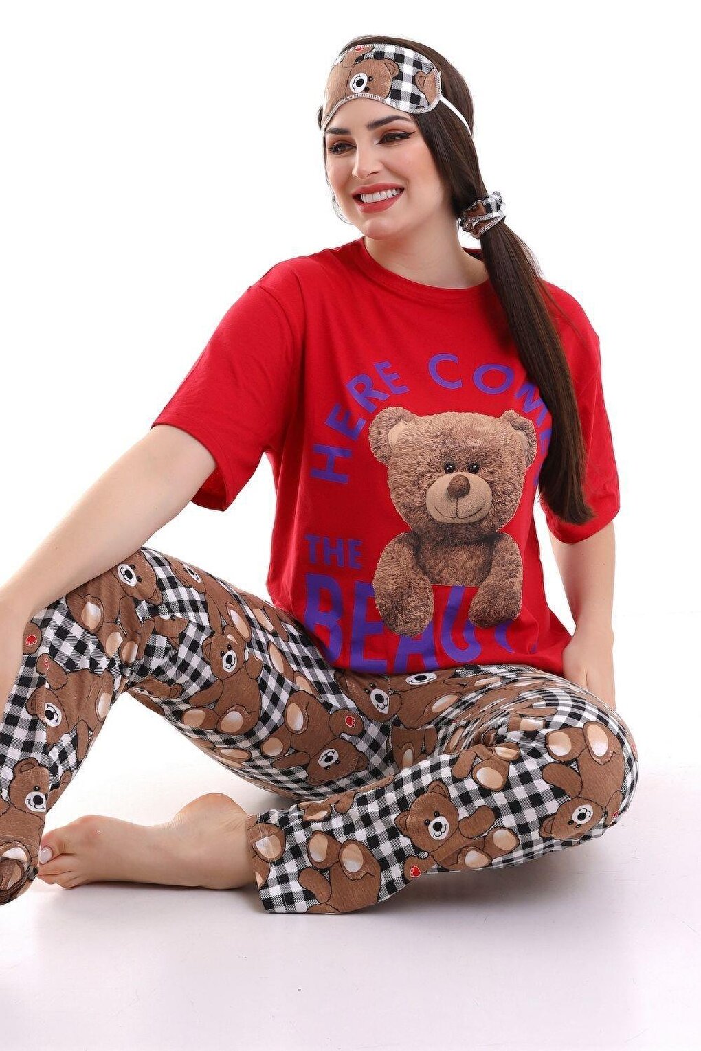 Red Sleep Banded Teddy Bear Printed Casual Women's Short Sleeve Pajama Set