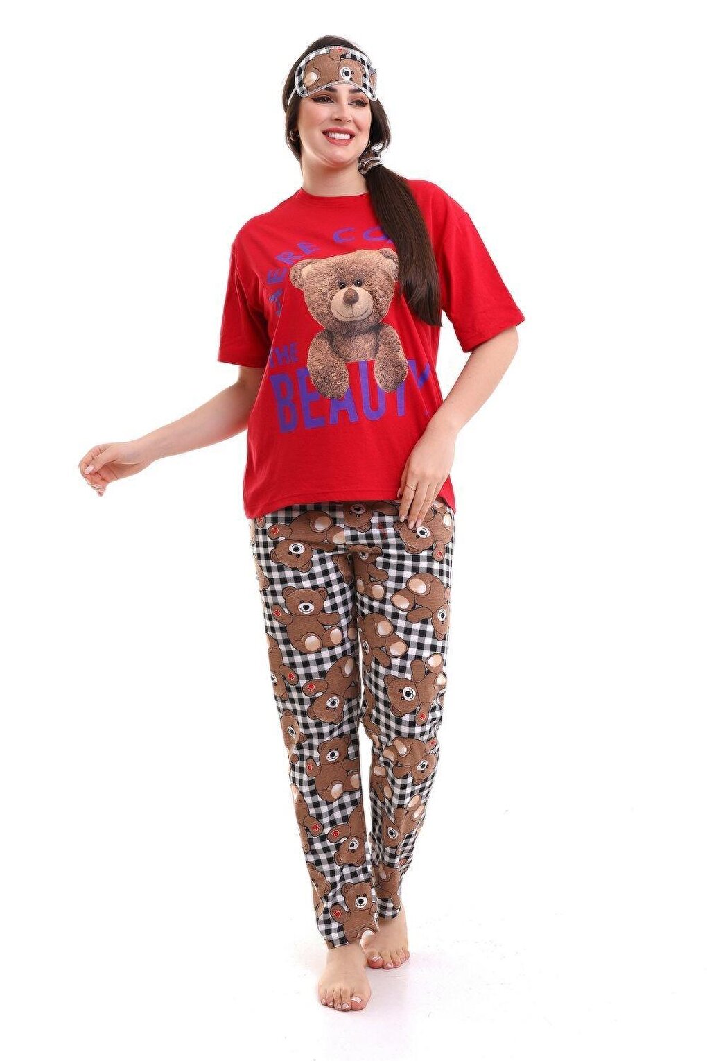 Red Sleep Banded Teddy Bear Printed Casual Women's Short Sleeve Pajama Set