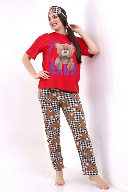 Red Sleep Banded Teddy Bear Printed Casual Women's Short Sleeve Pajama Set