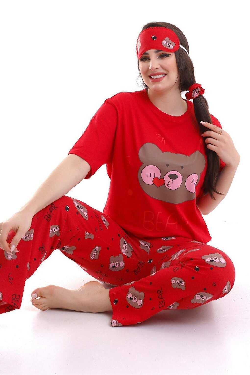 Red Sleep Banded Bear Printed Casual Women's Short Sleeve Pajama Set