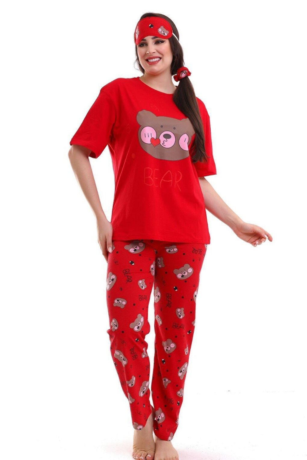 Red Sleep Banded Bear Printed Casual Women's Short Sleeve Pajama Set