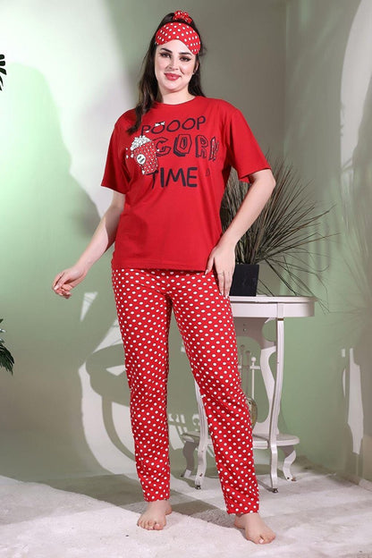 Red Sleep Striped Popcorn Printed Casual Women's Short Sleeve Pajama Set