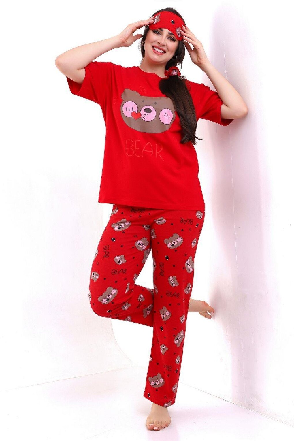 Red Sleep Banded Bear Printed Casual Women's Short Sleeve Pajama Set