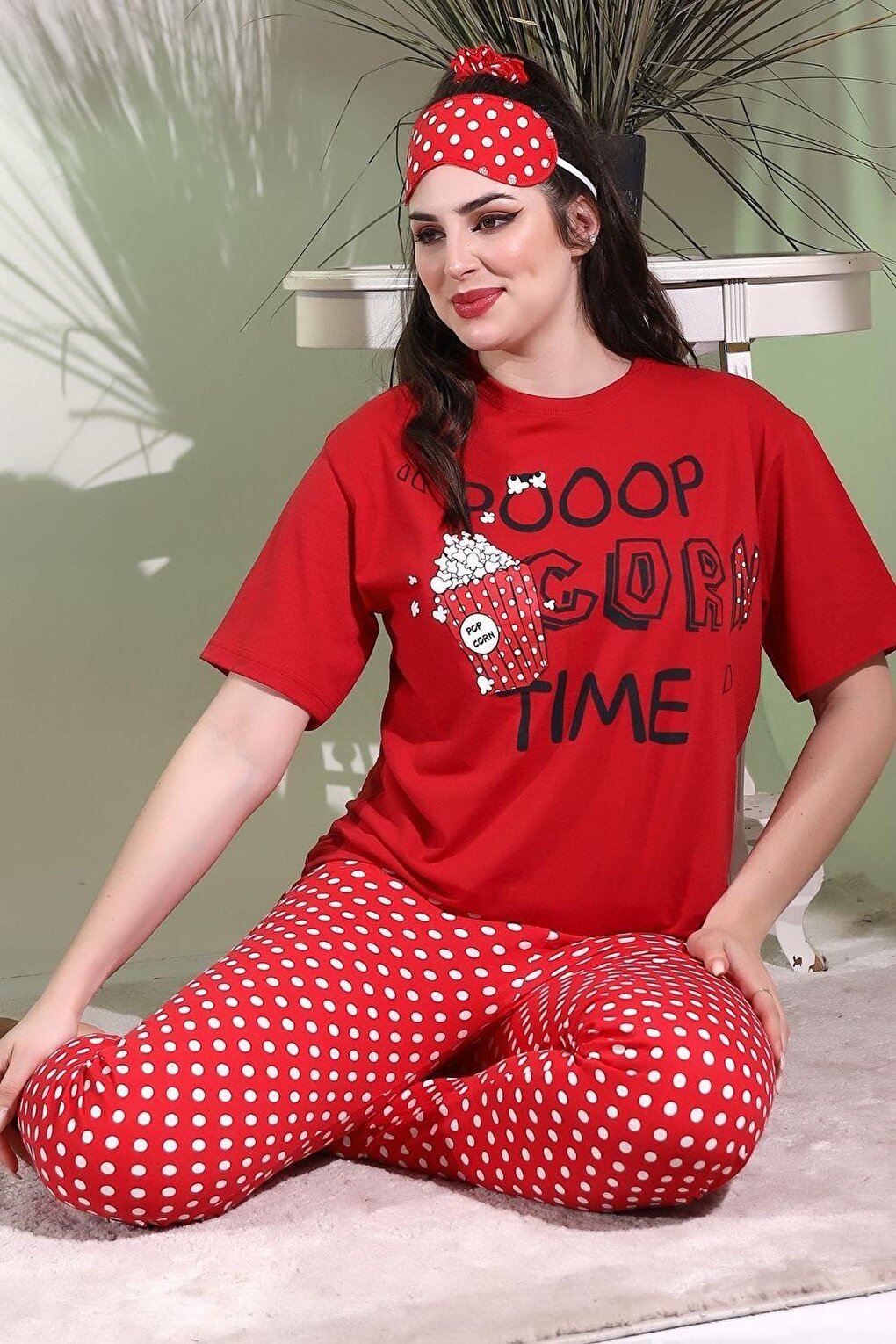 Red Sleep Striped Popcorn Printed Casual Women's Short Sleeve Pajama Set