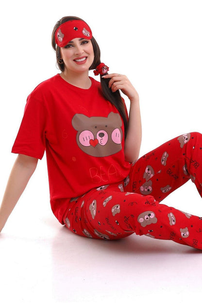 Red Sleep Banded Bear Printed Casual Women's Short Sleeve Pajama Set