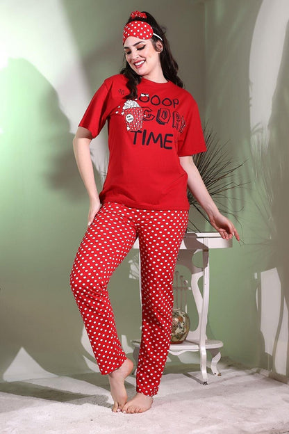 Red Sleep Striped Popcorn Printed Casual Women's Short Sleeve Pajama Set