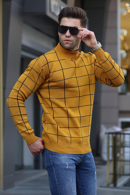 Mustard Plaid Patterned Knitwear Sweater 5796