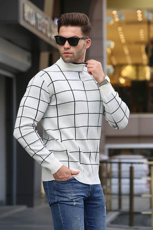 Ecru Plaid Patterned Knitwear Sweater 5796