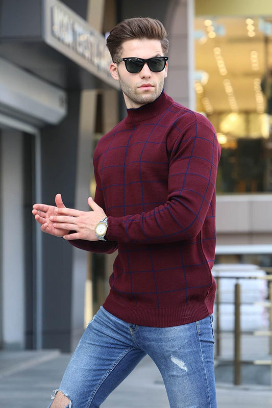 Claret Red Plaid Patterned Knitwear Sweater 5796