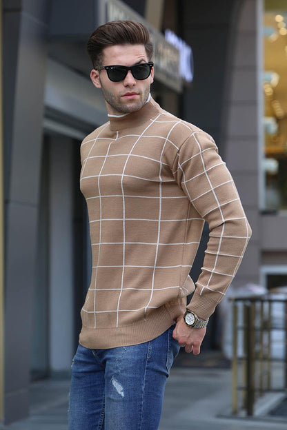 Beige Plaid Patterned Knitwear Sweater 5796