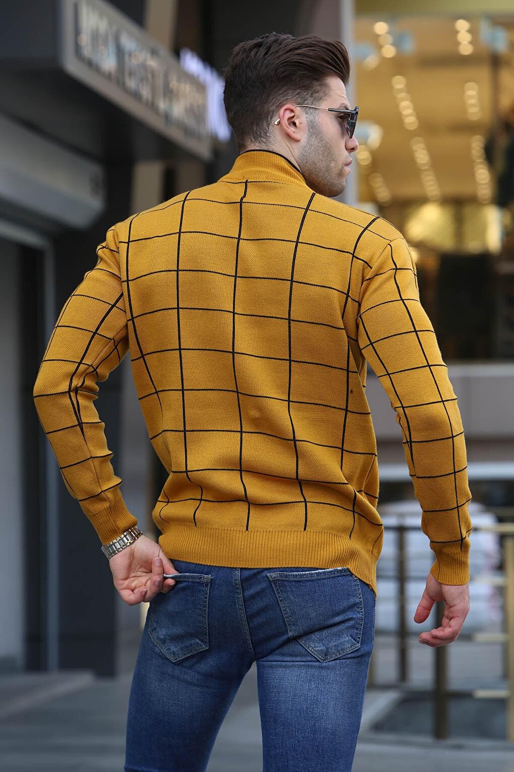 Mustard Plaid Patterned Knitwear Sweater 5796