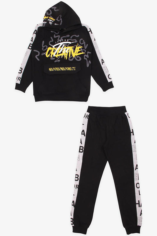 Boy's Tracksuit Set Black with Printed Kangaroo Pocket (Age 8-10)