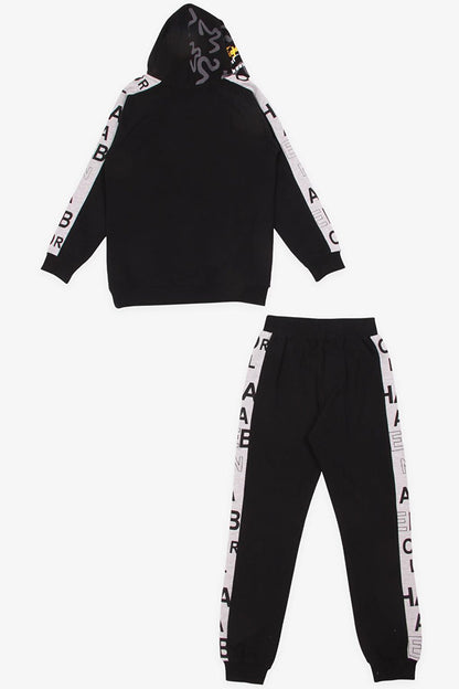 Boy's Tracksuit Set Black with Printed Kangaroo Pocket (Ages 7-10)