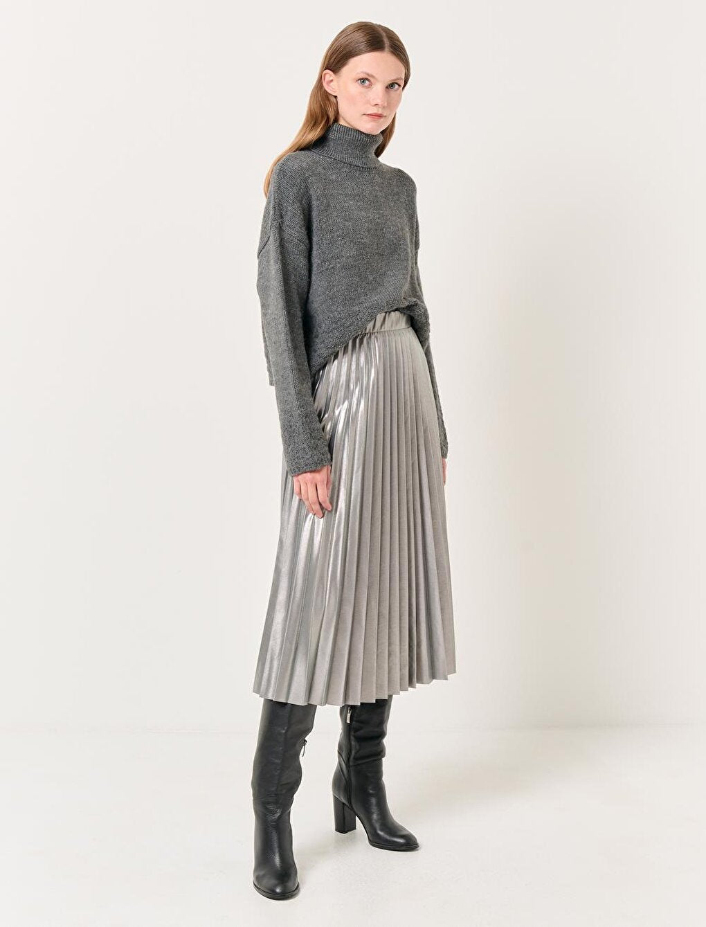 Silver High Waist Pleated Shiny Midi Skirt