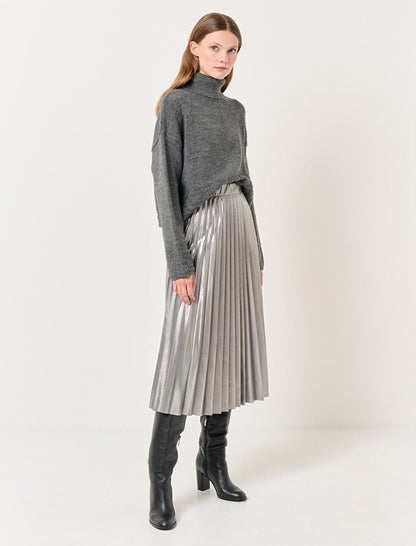 Silver High Waist Pleated Shiny Midi Skirt