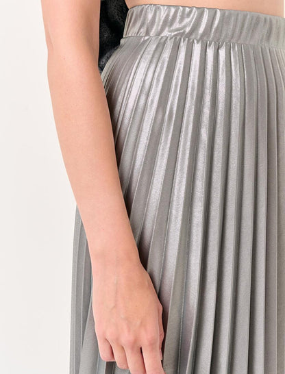 Silver High Waist Pleated Shiny Midi Skirt