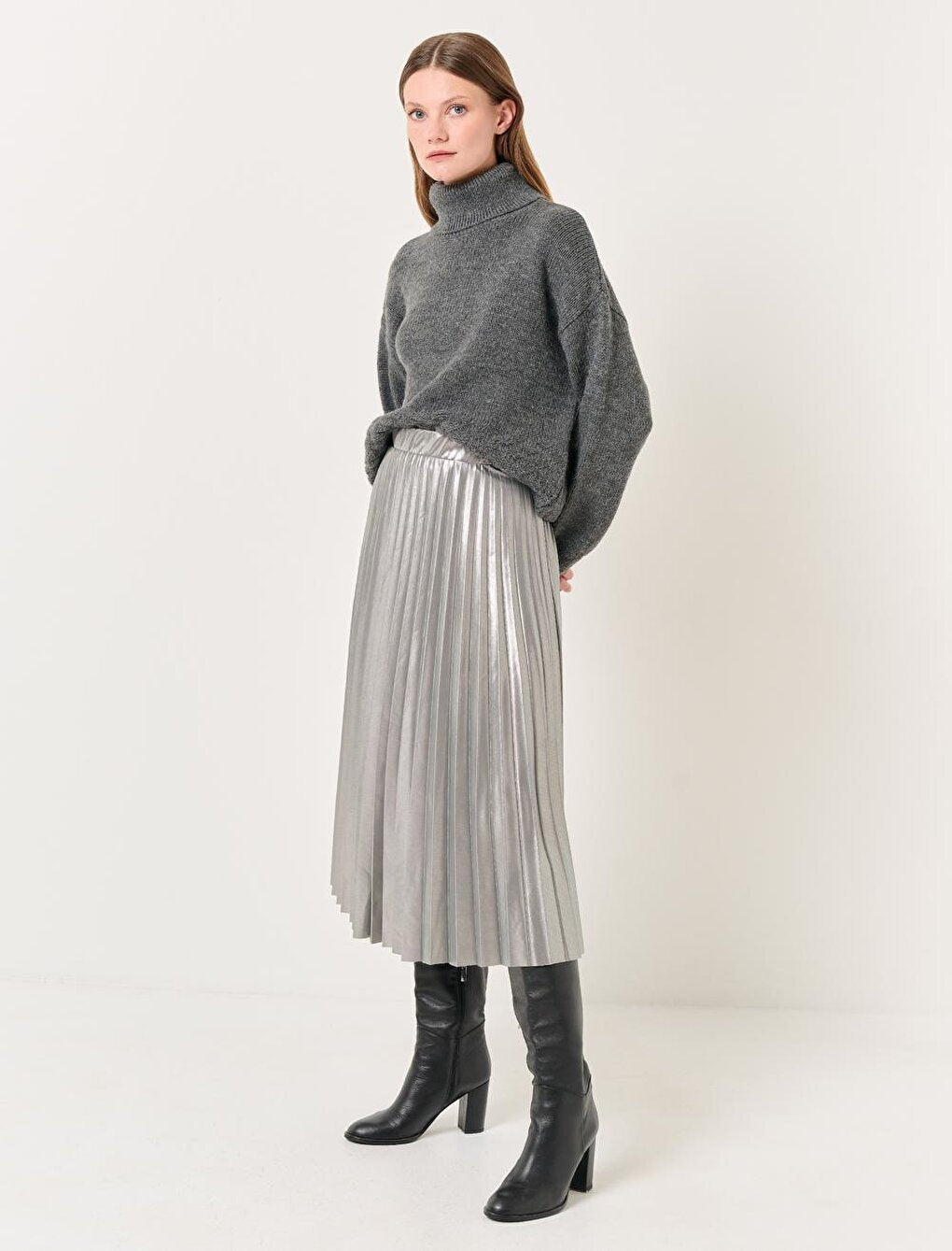 Silver High Waist Pleated Shiny Midi Skirt