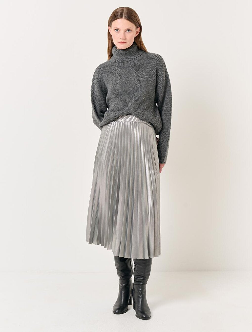 Silver High Waist Pleated Shiny Midi Skirt