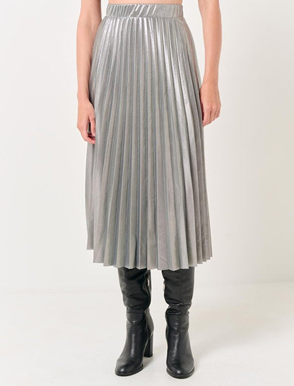 Silver High Waist Pleated Shiny Midi Skirt