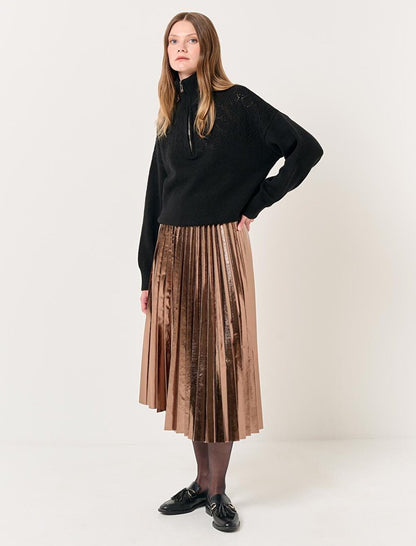 Gold High Waist Pleated Shiny Midi Skirt