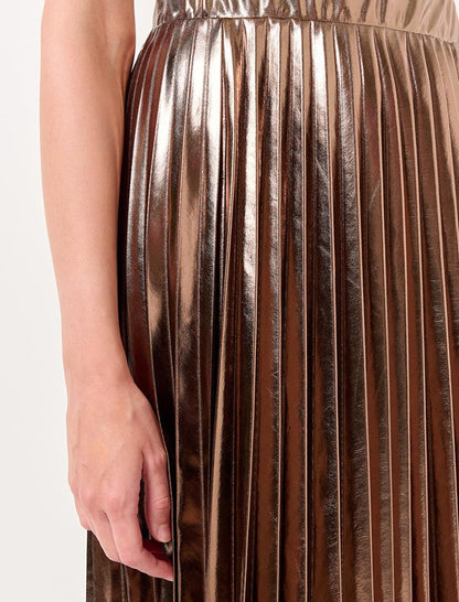 Gold High Waist Pleated Shiny Midi Skirt