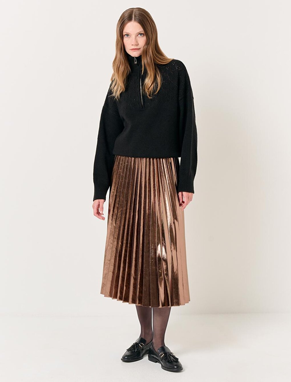 Gold High Waist Pleated Shiny Midi Skirt