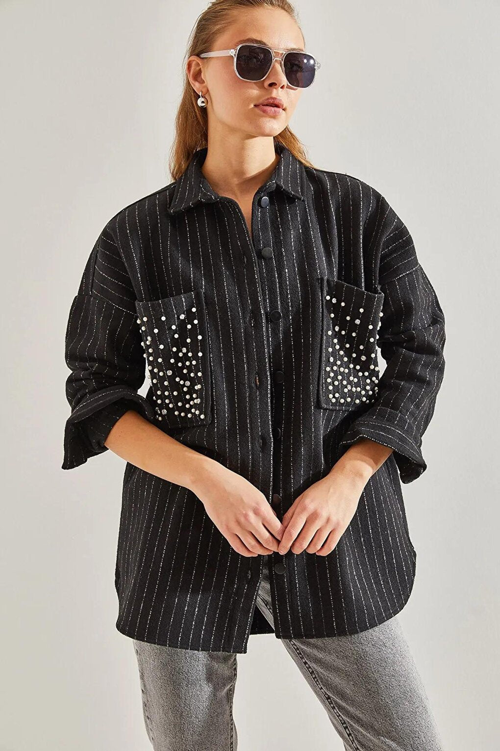 Women's Double Pocket Stone Embroidered Striped Stash Shirt