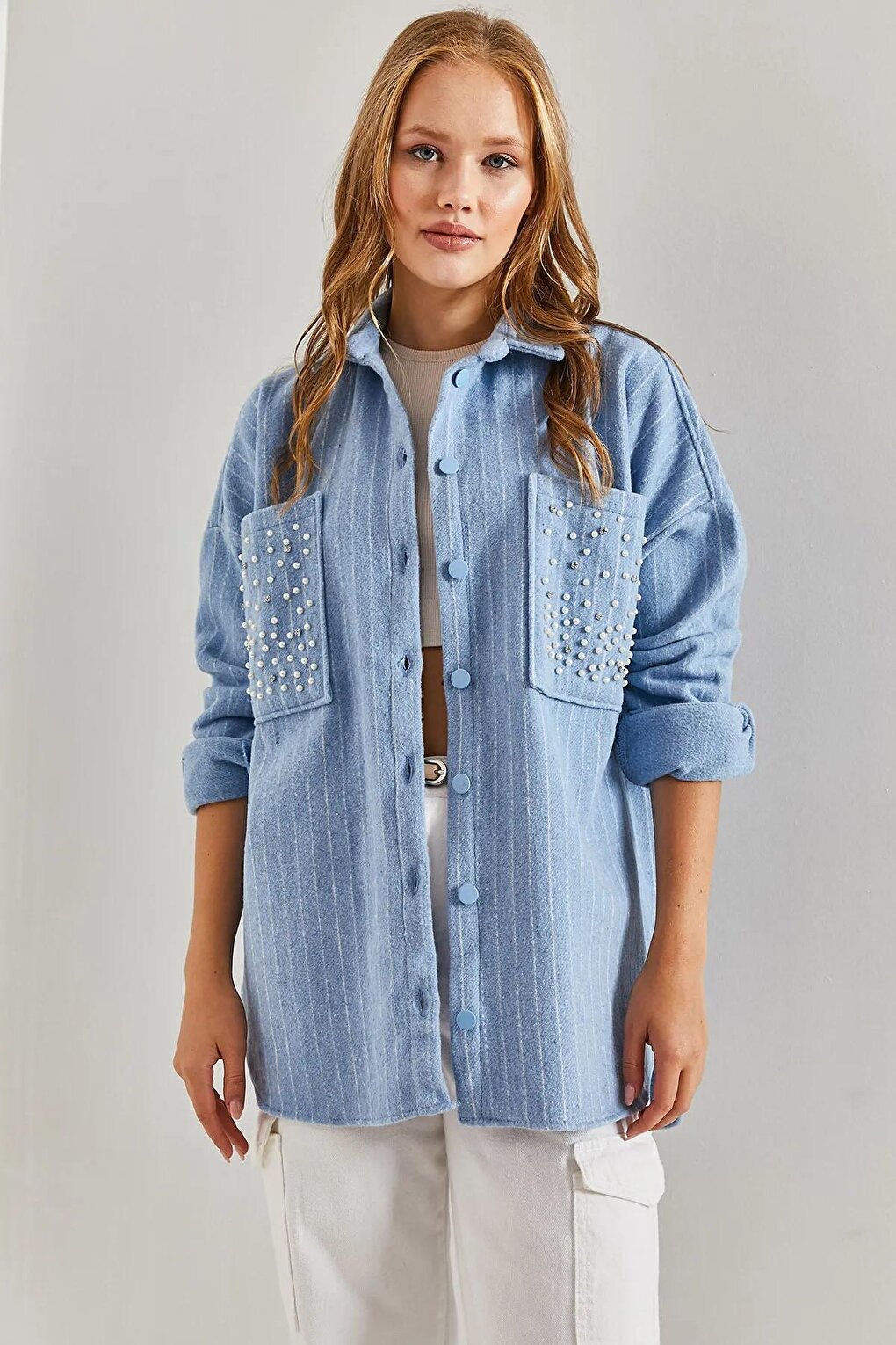 Women's Double Pocket Stone Embroidered Striped Stash Shirt