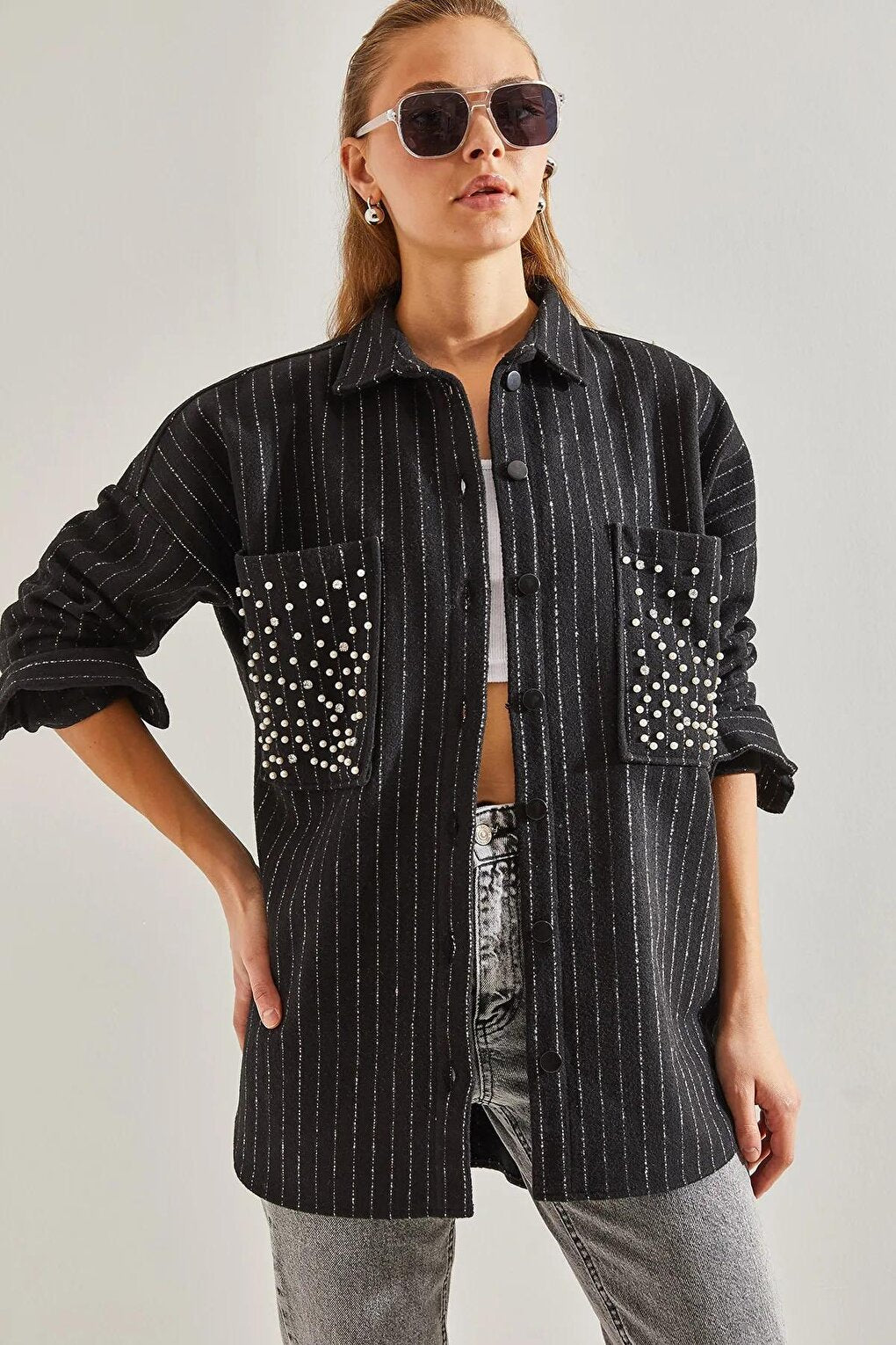 Women's Double Pocket Stone Embroidered Striped Stash Shirt