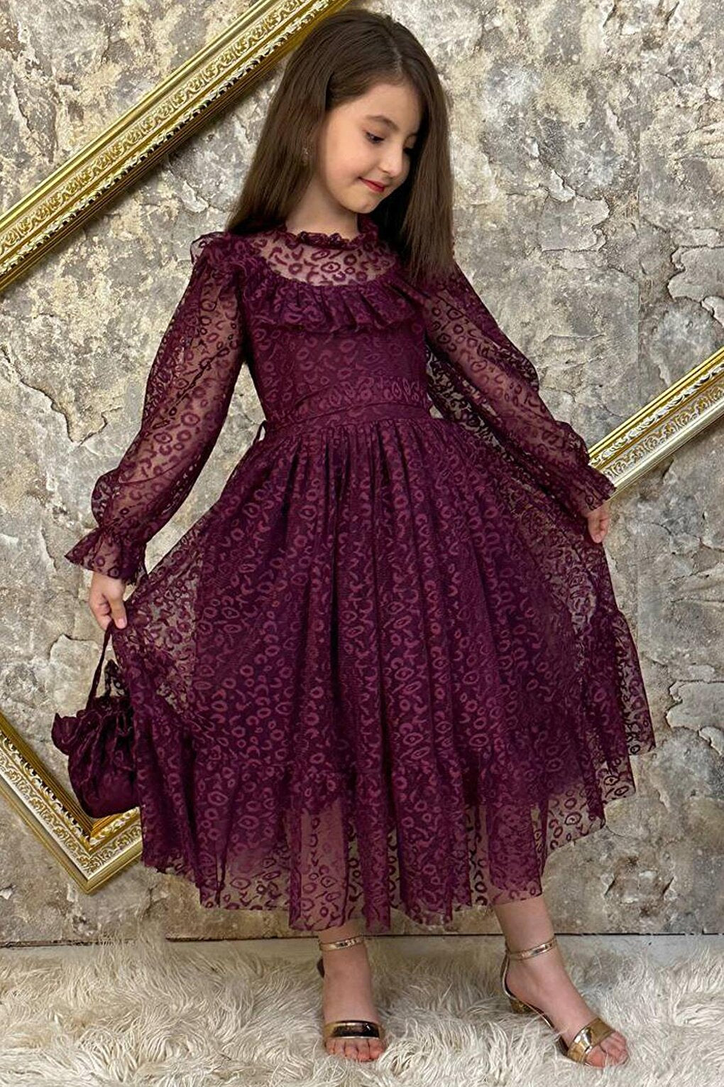 Girl's Ruffled Collar, Transparent Detailed, Patterned Purple Dress 6-9 Years