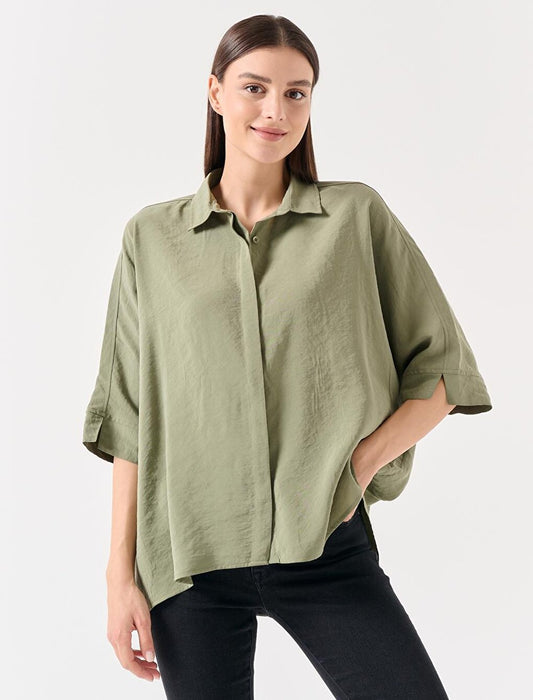 Khaki Loose Cut Open Collar Three Quarter Sleeve Woven Voile Shirt