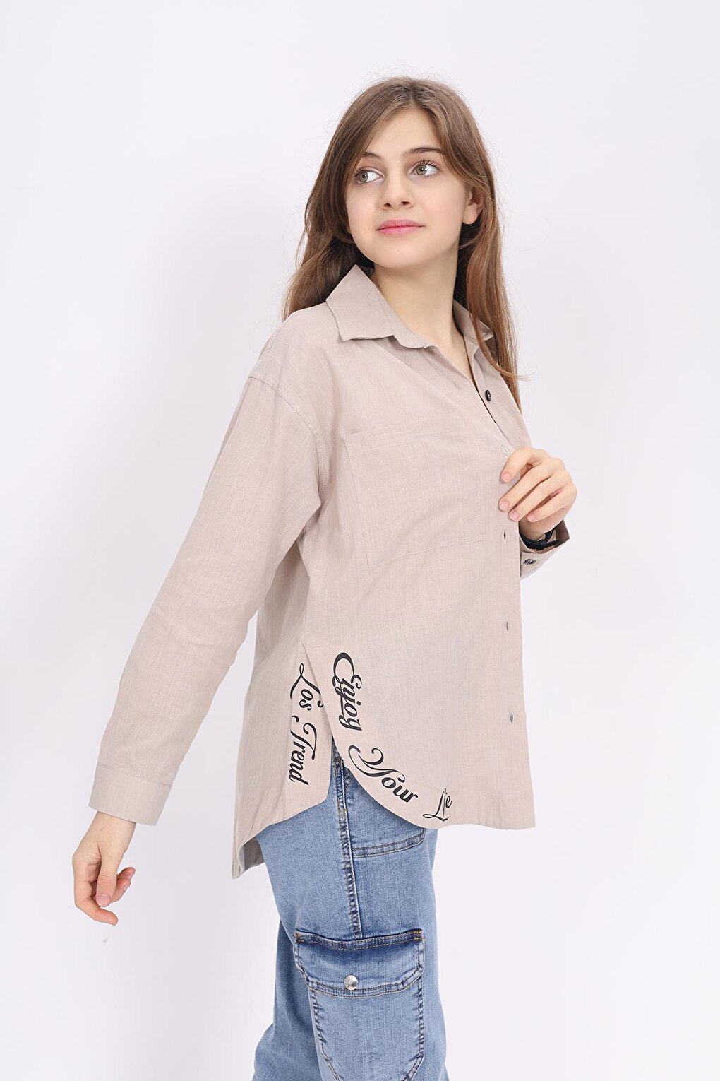 Girl's Comfortable Cut Printed Linen Shirt Lx227