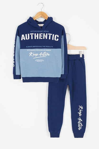 Blue Text Printed Raised Boy's Hooded Tracksuit Set 17117