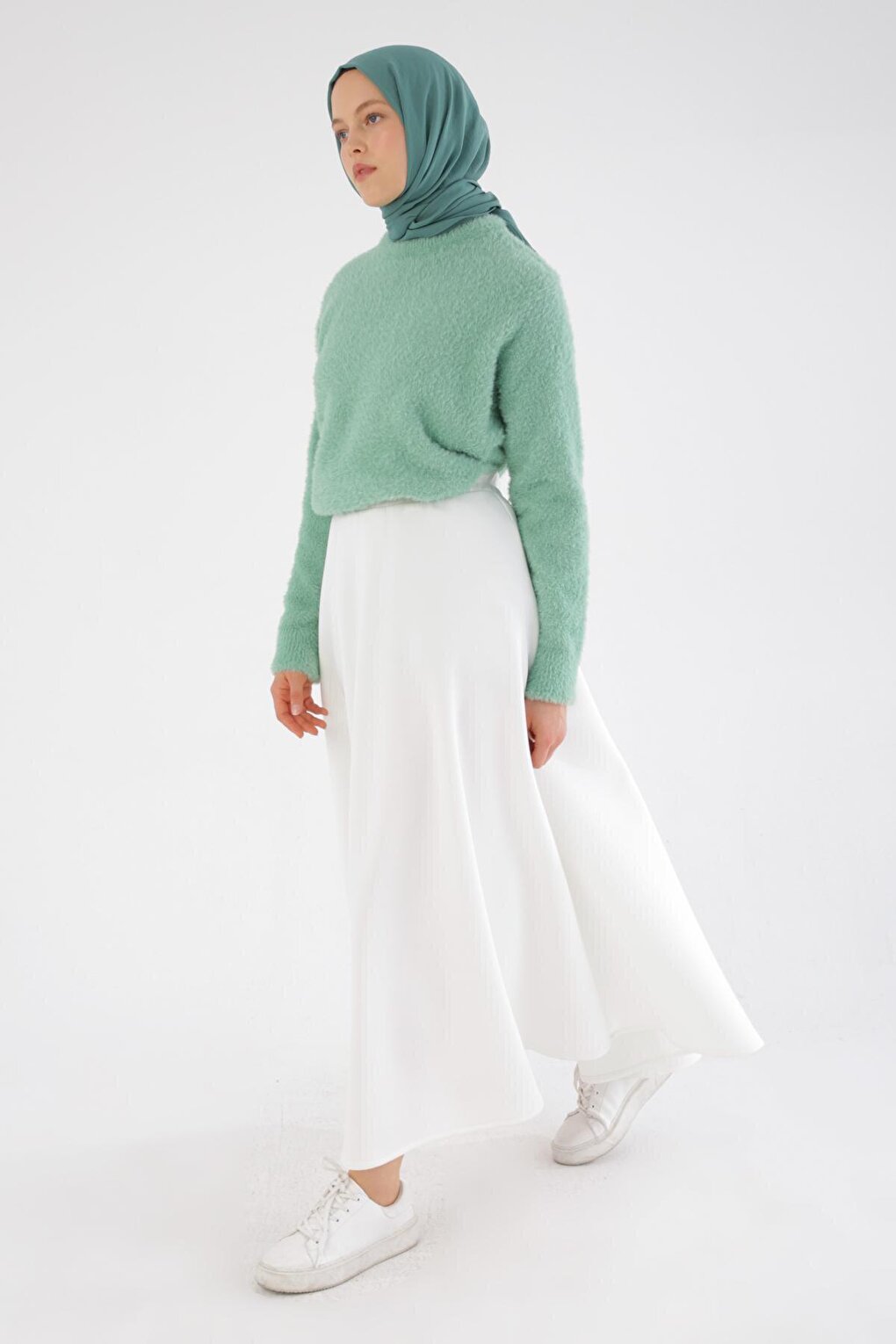 White Scuba Flared Skirt with Elastic Waist