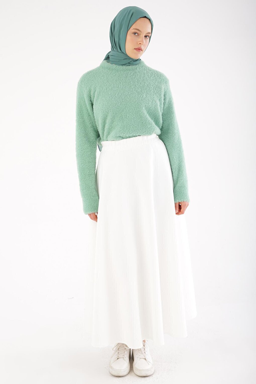 White Scuba Flared Skirt with Elastic Waist