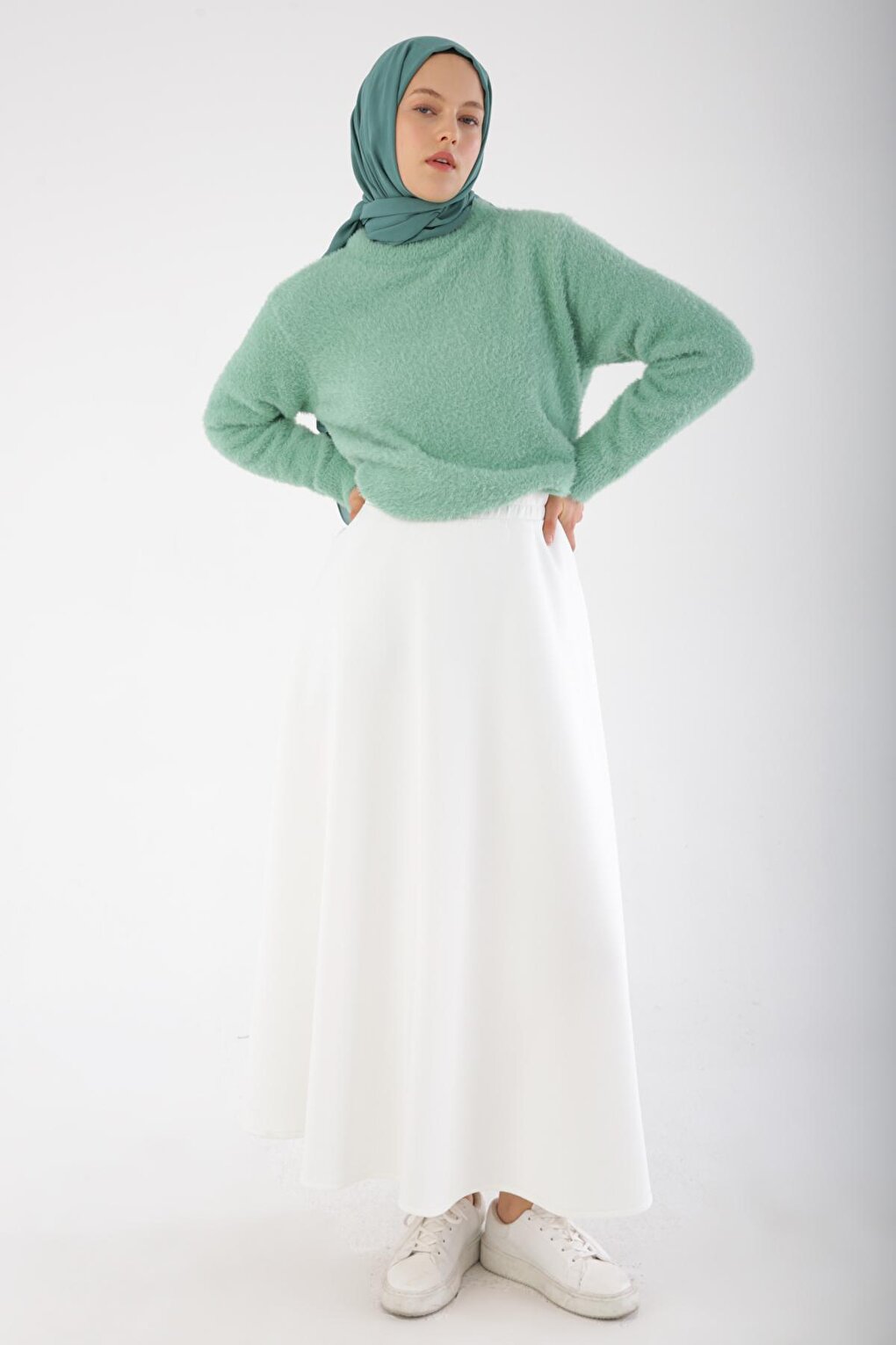 White Scuba Flared Skirt with Elastic Waist