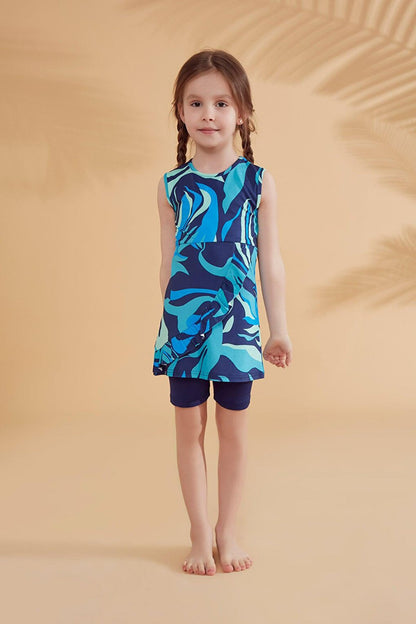 Skirted Sleeveless Navy Blue Girl's Swimsuit K2334