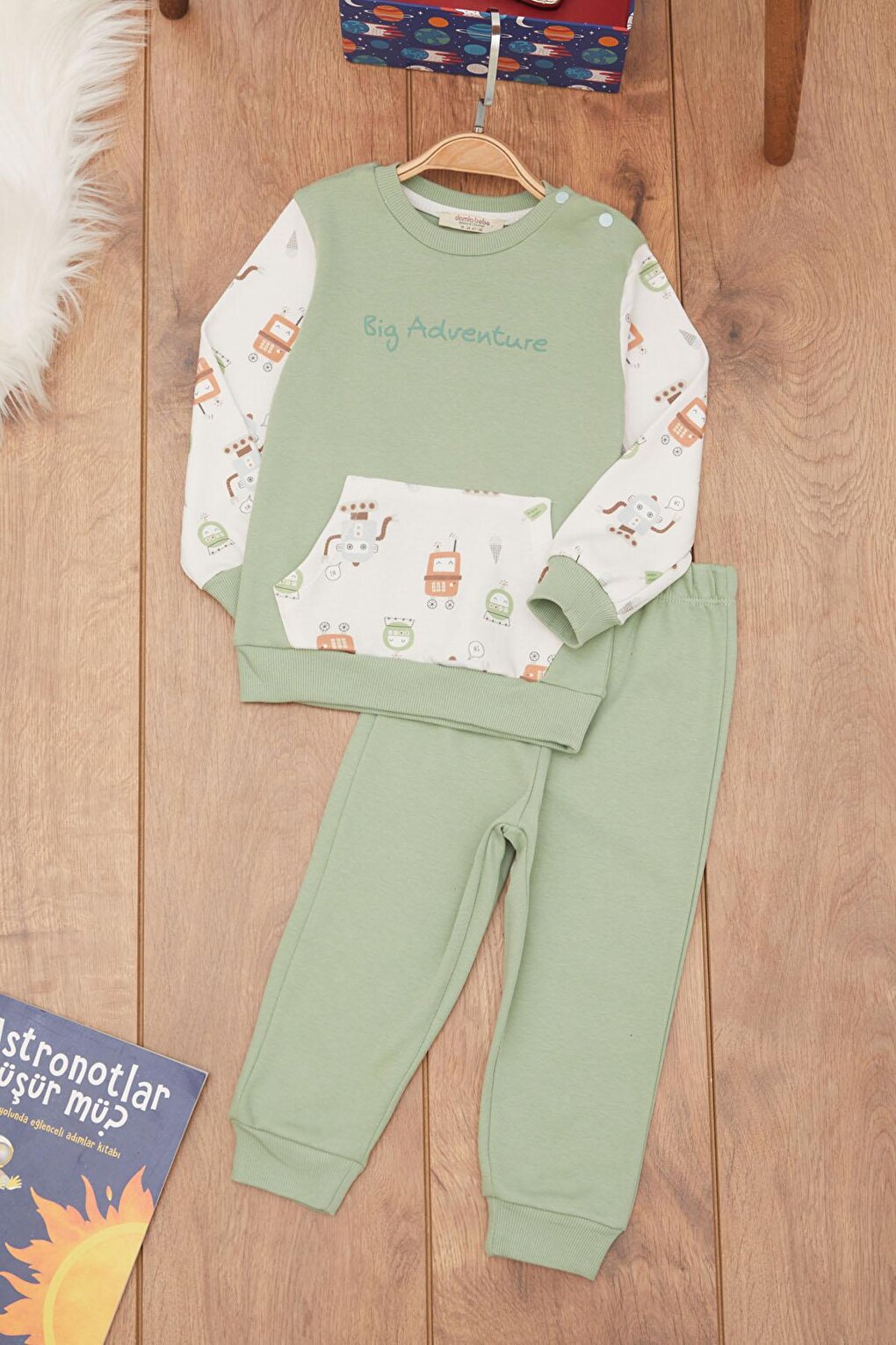 Khaki Baby Boy Robot Patterned Kangaroo Pocket Tracksuit Set 17384