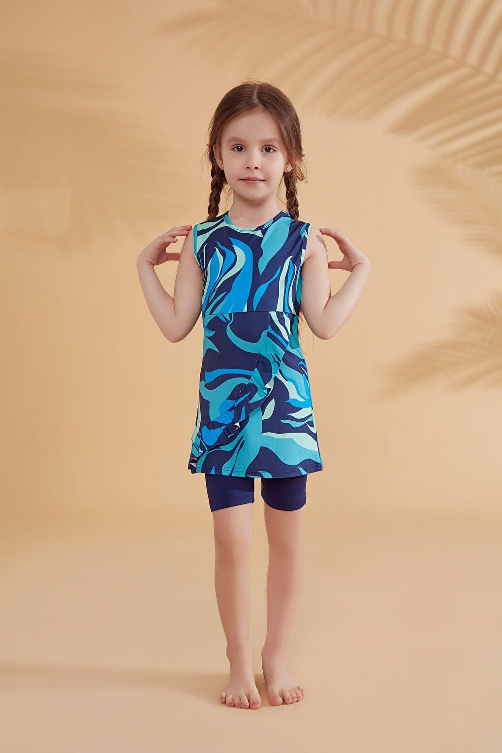 Skirted Sleeveless Navy Blue Girl's Swimsuit K2334