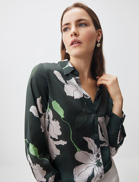 Dark Green Long Sleeve Floral Patterned Stylish Satin Shirt