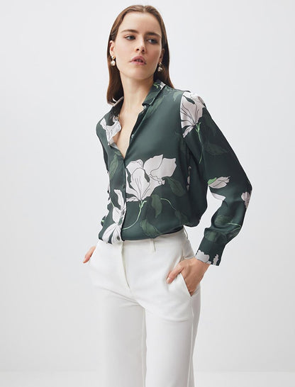 Dark Green Long Sleeve Floral Patterned Stylish Satin Shirt