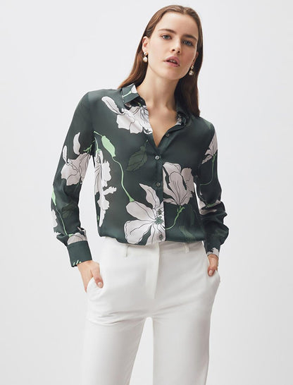 Dark Green Long Sleeve Floral Patterned Stylish Satin Shirt