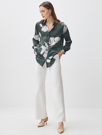 Dark Green Long Sleeve Floral Patterned Stylish Satin Shirt