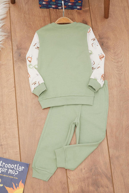 Khaki Baby Boy Robot Patterned Kangaroo Pocket Tracksuit Set 17384