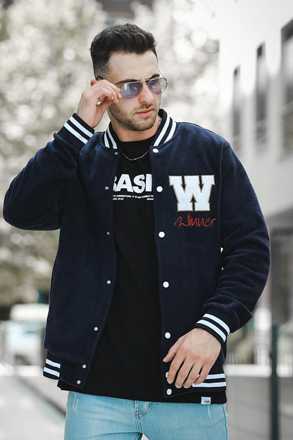 Snap Fasten Embroidered Men's Fleece College Jacket