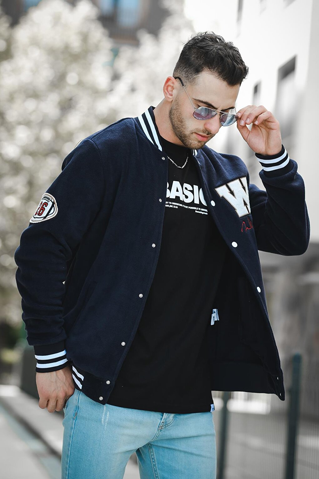 Snap Fasten Embroidered Men's Fleece College Jacket