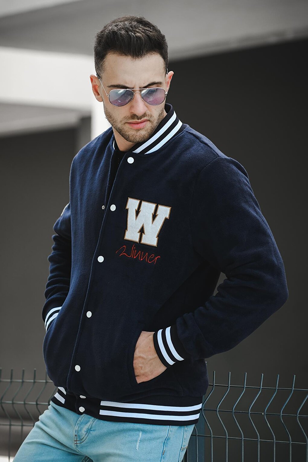 Snap Fasten Embroidered Men's Fleece College Jacket