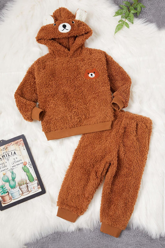 Brown Teddy Bear Embroidered Baby Boy Plush Tracksuit Set