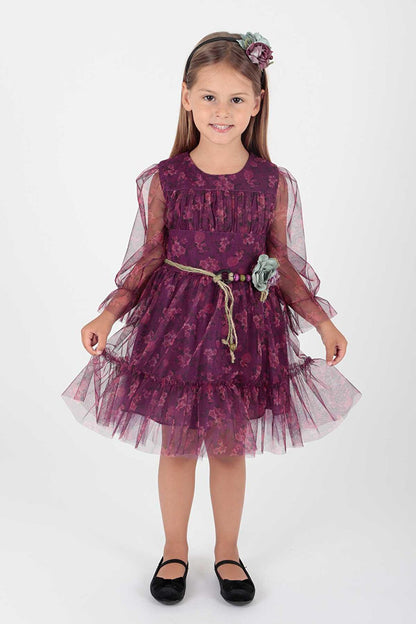 Girl's Floral Printed Crown Belted Dress Ak2202