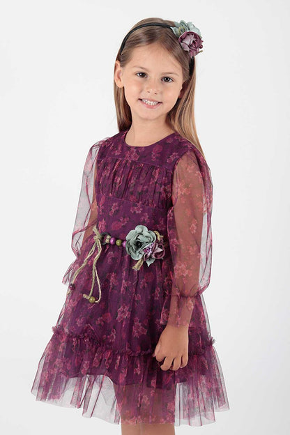 Girl's Floral Printed Crown Belted Dress Ak2202